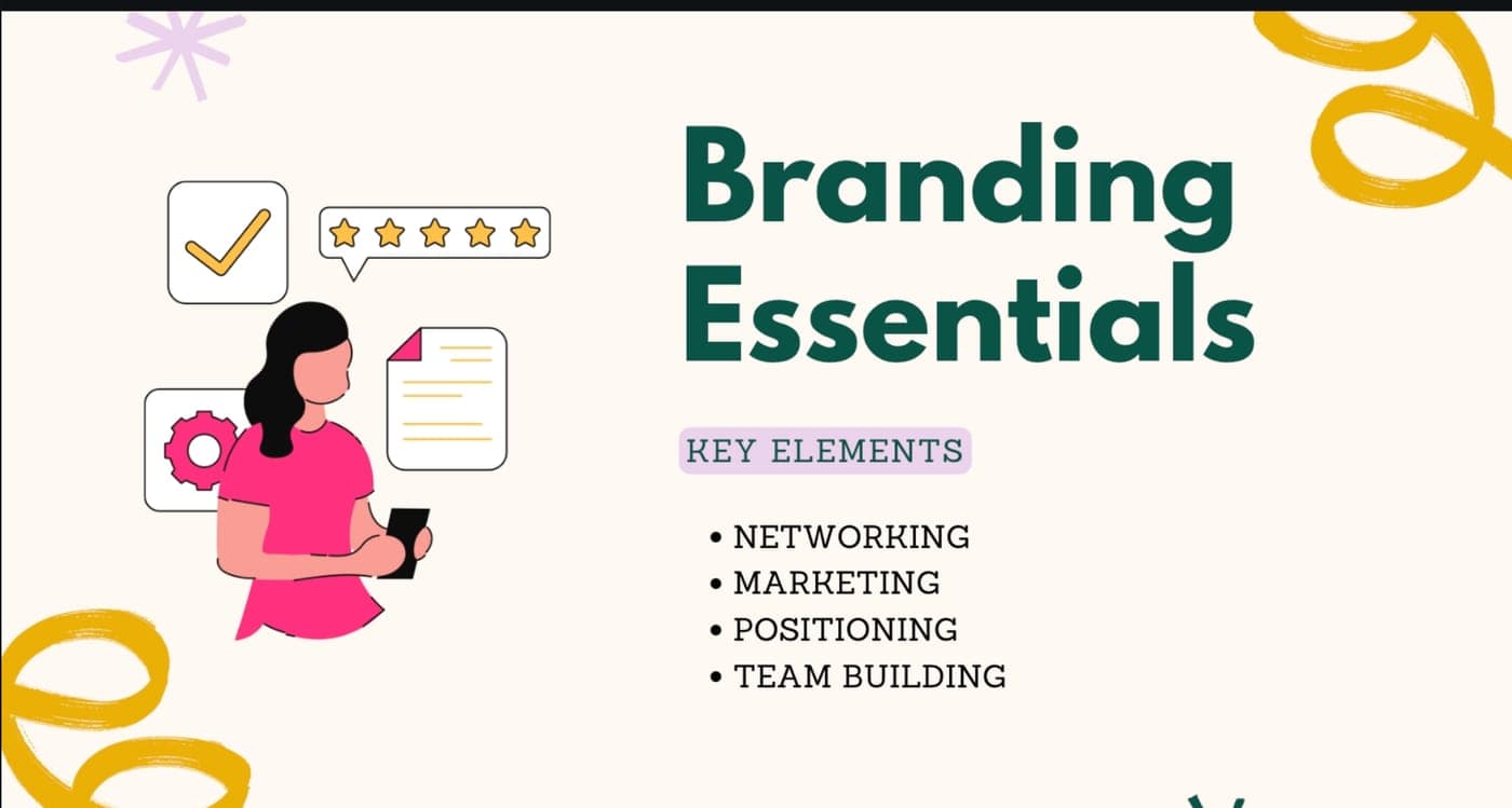 Slide titled Branding Essentials listing networking, marketing, positioning and team building
