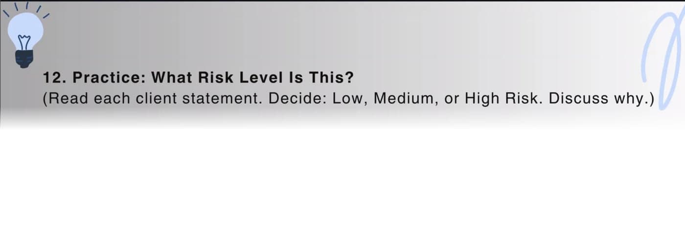 Slide from a risk assessment exercise, titled Practice: What Risk Level Is This?