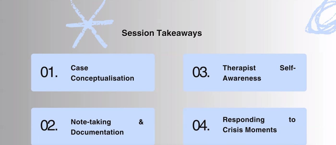 Slide listing four session takeaways: case conceptualisation, note taking and documentation, therapist self awareness, and responding to crisis moments