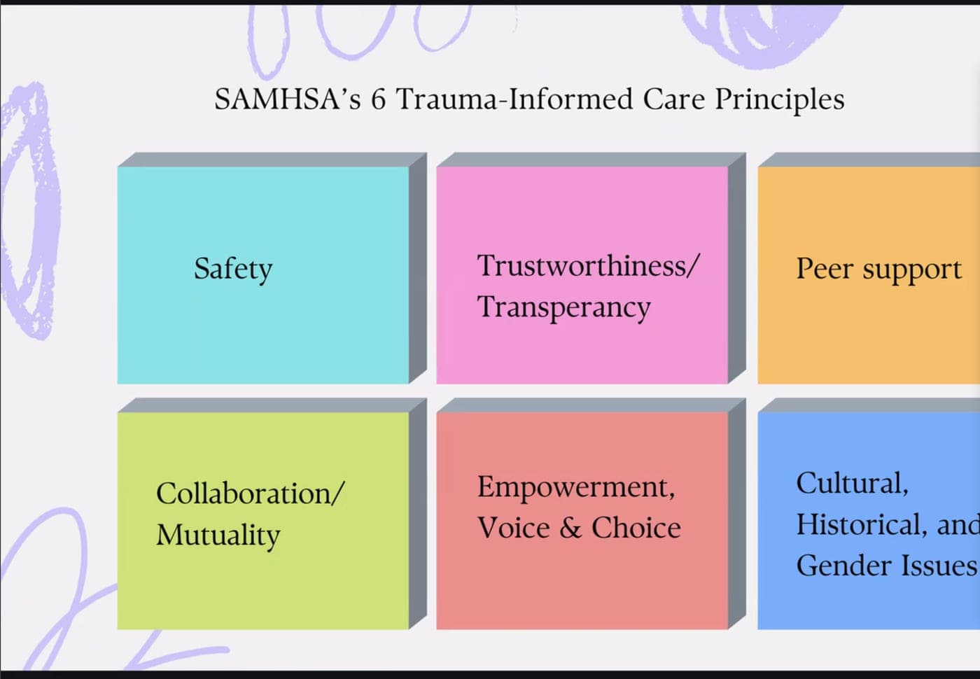 Slide showing the six trauma informed care principles: safety, trustworthiness and transparency, peer support, collaboration and mutuality, empowerment voice and choice, and cultural, historical and gender issues